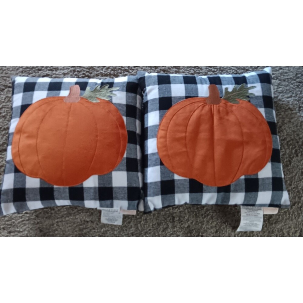 Stratford Home 2  Pumpkin Fall Throw Pillows Buffalo Plaid  18x18 Autumn Decor